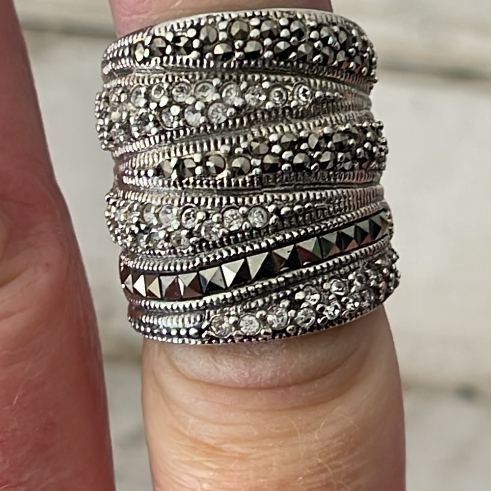 Sterling Silver Marcasite Crystal Multi Band Statement Ring - Picture 8 of 9